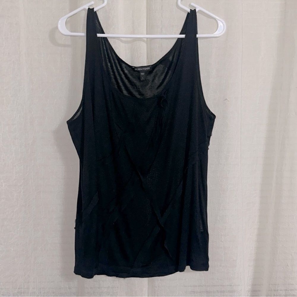 Eileen Fisher L Black Ribbon Detail Fine Knit Soft Relaxed Fit Tank Top